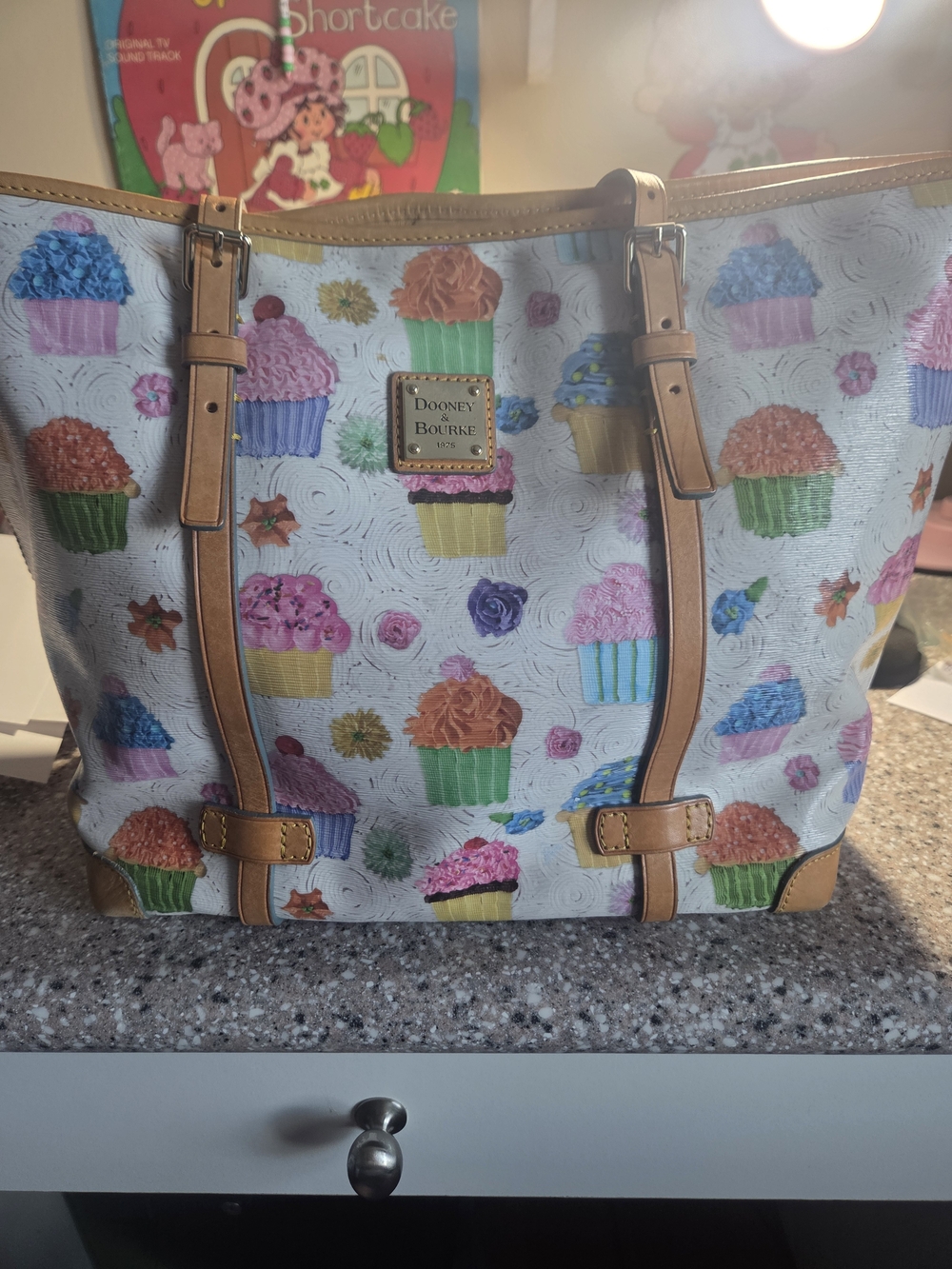 Dooney & Bourke Light Blue Cupcake Print Tote with Tan Trim